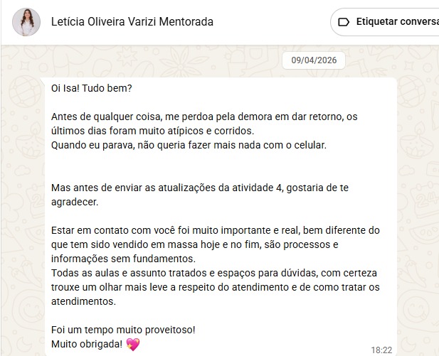 Mensagem de Letícia Oliveira Varizi